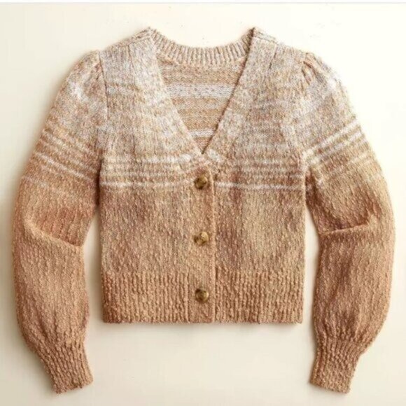 J. Crew Reversible Space Dyed Cardigan Sweater L Brown Tan Textured Puff Sleeve - Picture 1 of 7